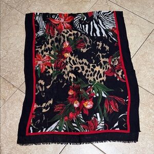 Chico's Black Red Floral & Animal Print Scarf